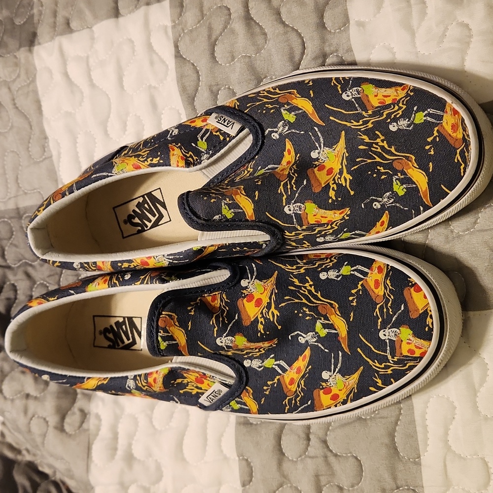Kids vans pizza surfing skeletons slip ons